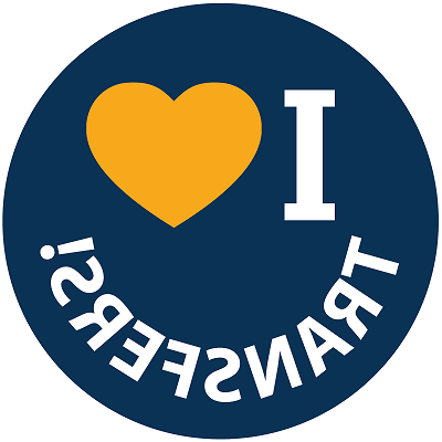A blue circle that says "I love transfers", but instead of the word love, it's a yellow heart.
